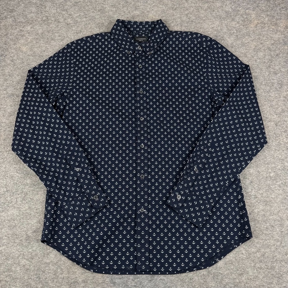 Club Monaco Button Down Shirt Geometric Nautical Anchors Slim Blue Mens Medium M